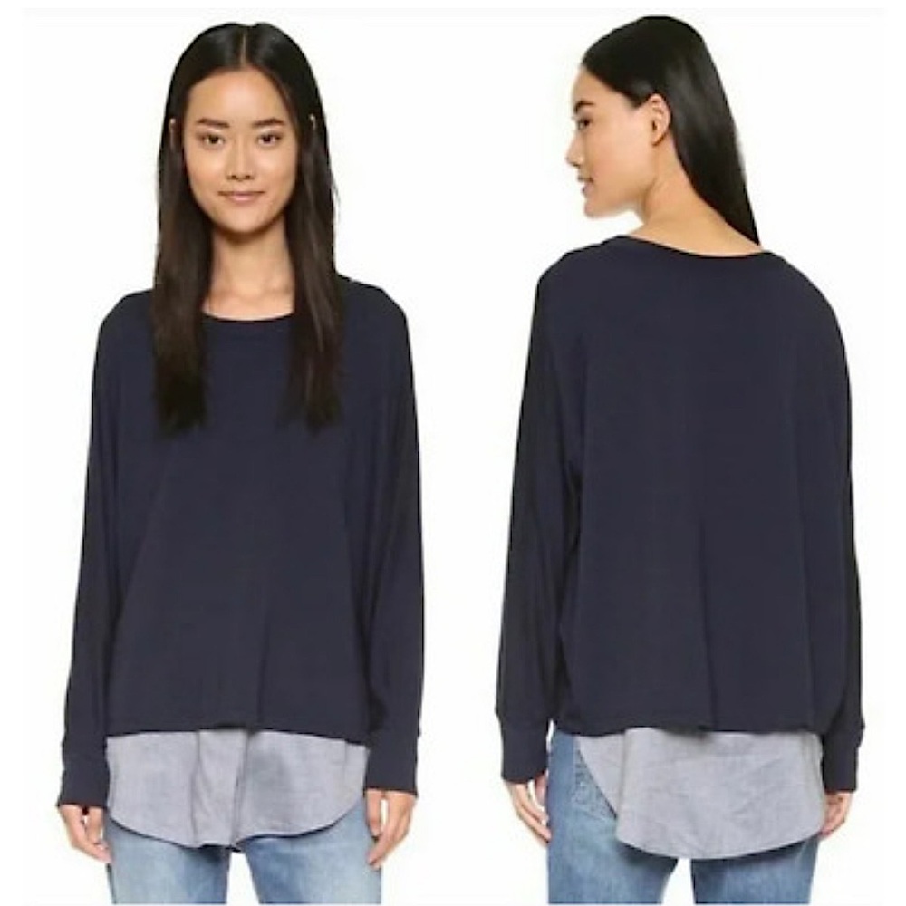 Vince Top Layered Mixed Media Long Sleeve Shirttail XS Navy Blue
